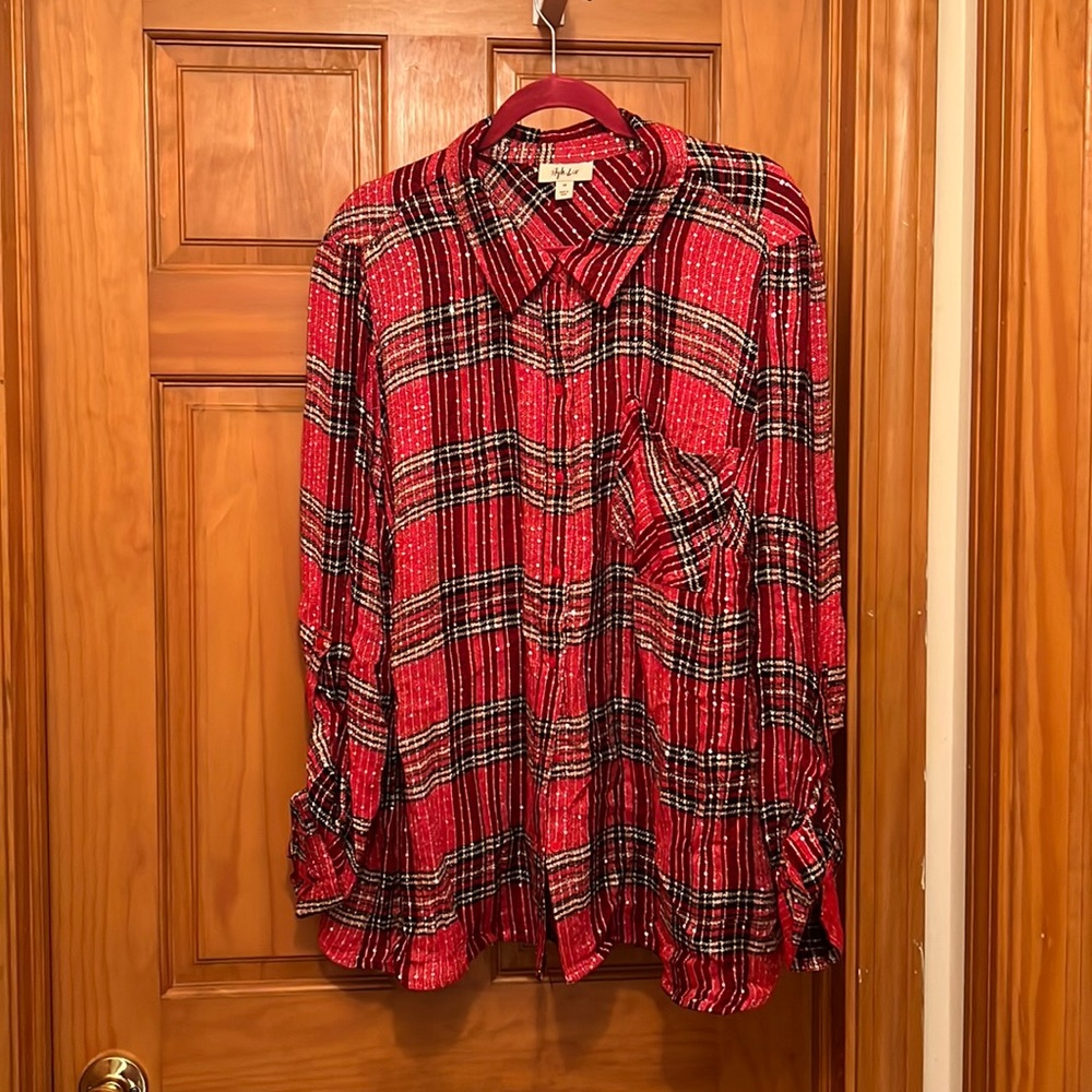 Womens Style & Co Red Sparkle Plaid Shirt size 3X
